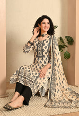 Beige and Black Printed Hand embroidered Muslin Suit - Set of 3