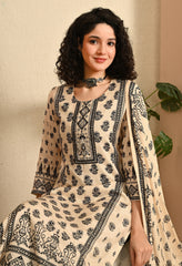 Beige and Black Printed Hand embroidered Muslin Suit - Set of 3