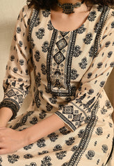 Beige and Black Printed Hand embroidered Muslin Suit - Set of 3