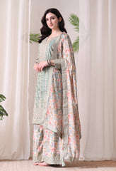 Sea Green Chinon Zari Work Floral Sharara Suit- Set of 3