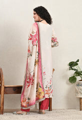 Cream Floral Muslin Suit with Mirror Work Neckline - Set of 3