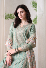 Sea Green Chinon Zari Work Floral Sharara Suit- Set of 3