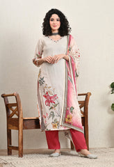 Cream Floral Muslin Suit with Mirror Work Neckline - Set of 3