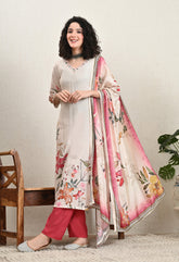 Cream Floral Muslin Suit with Mirror Work Neckline - Set of 3