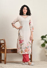Cream Floral Muslin Suit with Mirror Work Neckline - Set of 3