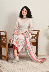 Cream Floral Muslin Suit with Mirror Work Neckline - Set of 3