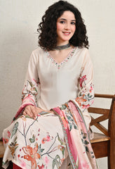 Cream Floral Muslin Suit with Mirror Work Neckline - Set of 3