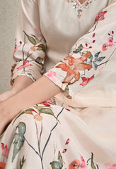Cream Floral Muslin Suit with Mirror Work Neckline - Set of 3
