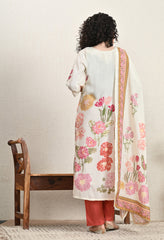 Cream Floral Mirror Work Muslin Suit - Set of 3