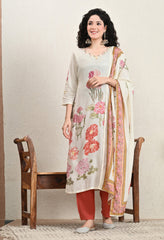 Cream Floral Mirror Work Muslin Suit - Set of 3