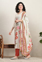 Cream Floral Mirror Work Muslin Suit - Set of 3