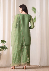 Green Crush Shimmer Tissue Zari Embroidered Suit- Set of 3