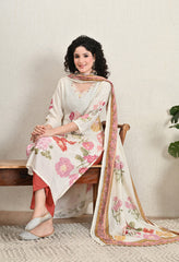 Cream Floral Mirror Work Muslin Suit - Set of 3