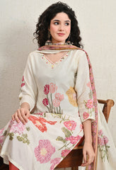 Cream Floral Mirror Work Muslin Suit - Set of 3