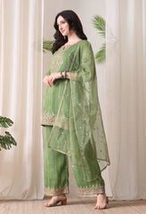 Green Crush Shimmer Tissue Zari Embroidered Suit- Set of 3