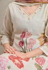 Cream Floral Mirror Work Muslin Suit - Set of 3