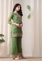 Green Crush Shimmer Tissue Zari Embroidered Suit- Set of 3