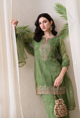 Green Crush Shimmer Tissue Zari Embroidered Suit- Set of 3