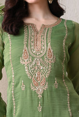 Green Crush Shimmer Tissue Zari Embroidered Suit- Set of 3