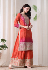 Orange Pink Ombre Chinon Zari Embroidery Sharara Suit- Set of 3