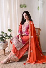 Orange Pink Ombre Chinon Zari Embroidery Sharara Suit- Set of 3