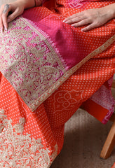 Orange Pink Ombre Chinon Zari Embroidery Sharara Suit- Set of 3