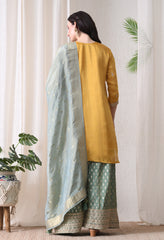 Golden Yellow Zari Embroidered Kurta & Banarasi Sharara Set- Set of 3