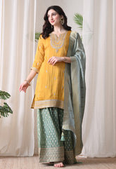 Golden Yellow Zari Embroidered Kurta & Banarasi Sharara Set- Set of 3
