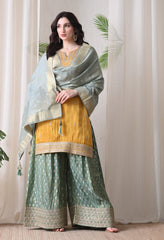 Golden Yellow Zari Embroidered Kurta & Banarasi Sharara Set- Set of 3