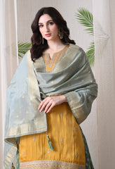 Golden Yellow Zari Embroidered Kurta & Banarasi Sharara Set- Set of 3
