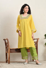Yellow & Green Lenzing Silk Gotta Work Kurta with Pants - Set of 2