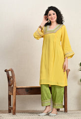 Yellow & Green Lenzing Silk Gotta Work Kurta with Pants - Set of 2