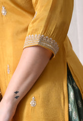 Golden Yellow Zari Embroidered Kurta & Banarasi Sharara Set- Set of 3