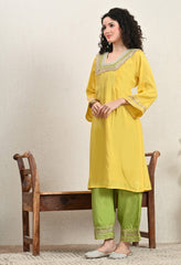 Yellow & Green Lenzing Silk Gotta Work Kurta with Pants - Set of 2