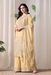 Lemon Chinon Zari Sequin Cut Work Sharara Suit- Set of 3