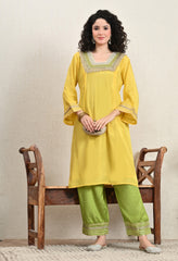 Yellow & Green Lenzing Silk Gotta Work Kurta with Pants - Set of 2