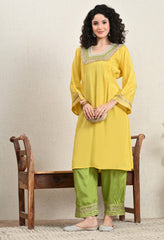 Yellow & Green Lenzing Silk Gotta Work Kurta with Pants - Set of 2