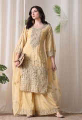 Lemon Chinon Zari Sequin Cut Work Sharara Suit- Set of 3
