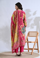Fuchsia Pink Embroidered Digital Print Muslin Suit - Set of 3
