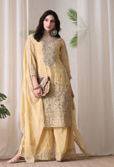 Lemon Chinon Zari Sequin Cut Work Sharara Suit- Set of 3