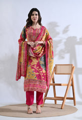 Fuchsia Pink Embroidered Digital Print Muslin Suit - Set of 3