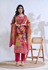 Fuchsia Pink Embroidered Digital Print Muslin Suit - Set of 3