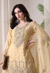 Lemon Chinon Zari Sequin Cut Work Sharara Suit- Set of 3