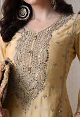 Lemon Chinon Zari Sequin Cut Work Sharara Suit- Set of 3