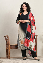 Black Floral Printed Muslin Hand Embroidered suit - Set of 3