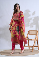 Fuchsia Pink Embroidered Digital Print Muslin Suit - Set of 3