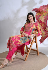 Fuchsia Pink Embroidered Digital Print Muslin Suit - Set of 3