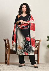 Black Floral Printed Muslin Hand Embroidered suit - Set of 3