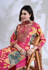 Fuchsia Pink Embroidered Digital Print Muslin Suit - Set of 3