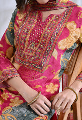 Fuchsia Pink Embroidered Digital Print Muslin Suit - Set of 3